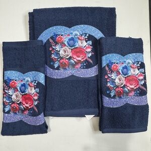 Floral Navy Blue 3 piece Bath Towel Set